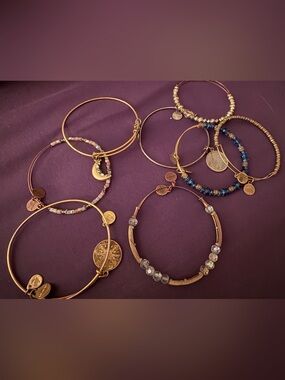 Alex and Ani Gold Tone Stackable Charm & Beaded Bangle Set with Blue Accents